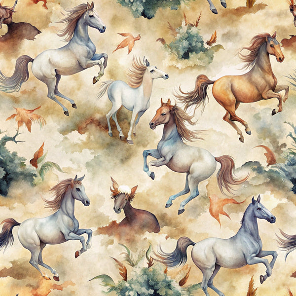 horses, wild horses, watercolor style, autumn leaves, cream background, brown horses, white horses, galloping horses, rearing horses, flowing manes, equestrian theme, nature elements, soft pastels, earth tones,, fabric panel, seamless pattern, rustic artwork, western theme, animal motifs