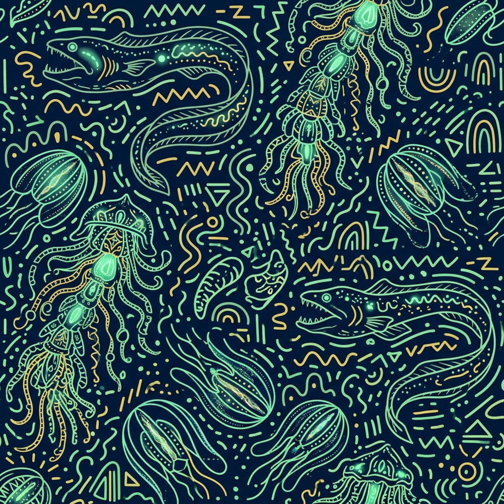 navy blue, forest green, golden yellow, lime green, seafoam green, deep teal, ocean blue, neon green, bioluminescent, glow-in-the-dark aesthetic, jellyfish, octopus, eels, sea creatures, marine life, underwater, ocean, nautical, whimsical, fantastical, alien, cosmic, abstract, geometric patterns, flowing lines, modern, playroom, kids room, adventure, exploration