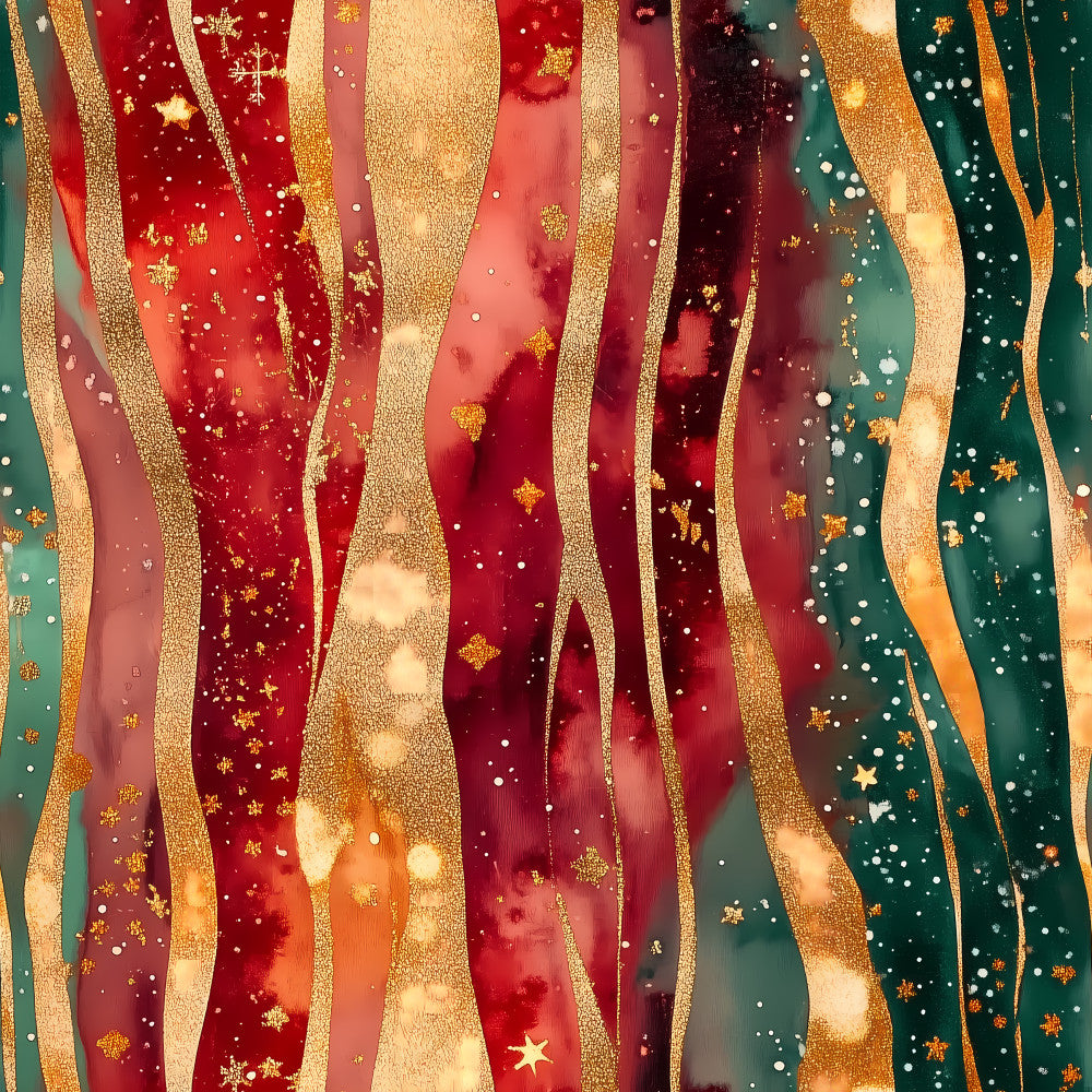 crimson red, deep red, burgundy, forest green, teal green, gold, cream, warm white, metallic gold, striped, wavy stripes, abstract, holiday, christmas, festive, elegant, modern, stars, snowflakes, sparkle, glitter effect, winter, seasonal, gift fabric, luxe, glamorous, sophisticated