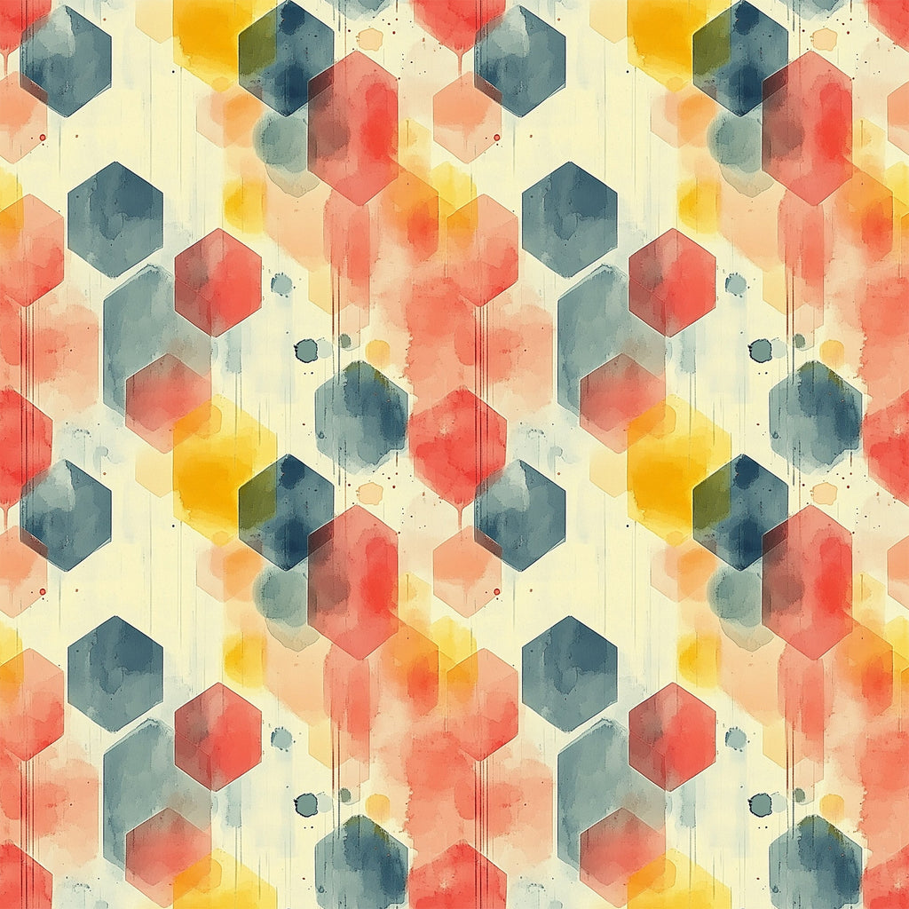 coral, teal, yellow, orange, navy blue, hexagon pattern, geometric shapes, watercolor effect, mid century modern, abstract design, overlapping hexagons, paint drips, splatter details, contemporary art style,, fabric panel, retro aesthetic, modernist pattern, artistic wash, honeycomb structure