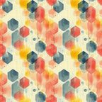 coral, teal, yellow, orange, navy blue, hexagon pattern, geometric shapes, watercolor effect, mid century modern, abstract design, overlapping hexagons, paint drips, splatter details, contemporary art style,, fabric panel, retro aesthetic, modernist pattern, artistic wash, honeycomb structure