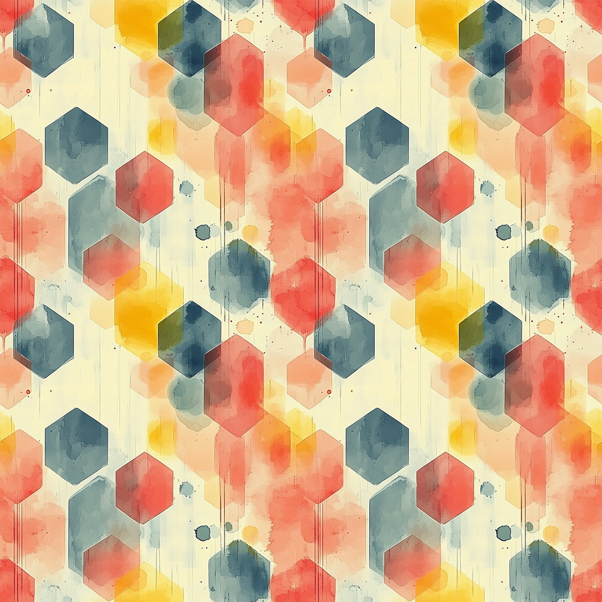 coral, teal, yellow, orange, navy blue, hexagon pattern, geometric shapes, watercolor effect, mid century modern, abstract design, overlapping hexagons, paint drips, splatter details, contemporary art style,, fabric panel, retro aesthetic, modernist pattern, artistic wash, honeycomb structure