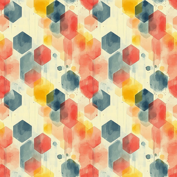 coral, teal, yellow, orange, navy blue, hexagon pattern, geometric shapes, watercolor effect, mid century modern, abstract design, overlapping hexagons, paint drips, splatter details, contemporary art style,, fabric panel, retro aesthetic, modernist pattern, artistic wash, honeycomb structure
