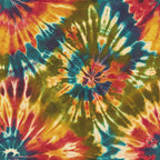 tie dye, retro, psychedelic, spiral pattern, radial design, vibrant colors, red, orange, yellow, blue, green, teal, rainbow colors, burst pattern, cotton fabric, quilting panel, groovy, 1960s style, hippie aesthetic, swirled colors, kaleidoscope effect