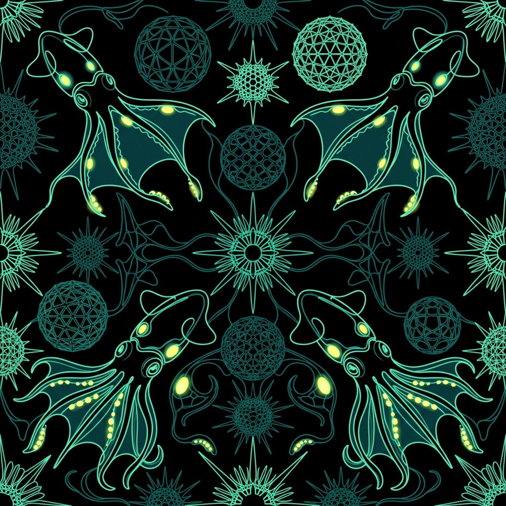neon green, cyan, turquoise, black background, bioluminescent, geometric spheres, celestial, space theme, bats, wings, glowing accents, sci-fi, futuristic, abstract patterns, modern, whimsical, dark academia, gothic, nature-inspired, mystical, magical, glow-in-the-dark aesthetic, intricate designs, symmetrical, structured geometry, psychedelic, alternative style, bohemian, nocturnal creatures, cosmic