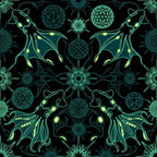 neon green, cyan, turquoise, black background, bioluminescent, geometric spheres, celestial, space theme, bats, wings, glowing accents, sci-fi, futuristic, abstract patterns, modern, whimsical, dark academia, gothic, nature-inspired, mystical, magical, glow-in-the-dark aesthetic, intricate designs, symmetrical, structured geometry, psychedelic, alternative style, bohemian, nocturnal creatures, cosmic