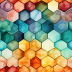 watercolor, honeycomb pattern, hexagonal shapes, geometric design, turquoise, teal, coral, orange, yellow, purple, blue-green, warm colors, cool colors, abstract watercolor,, fabric panel, modern pattern, contemporary design, gradient effect, artistic style