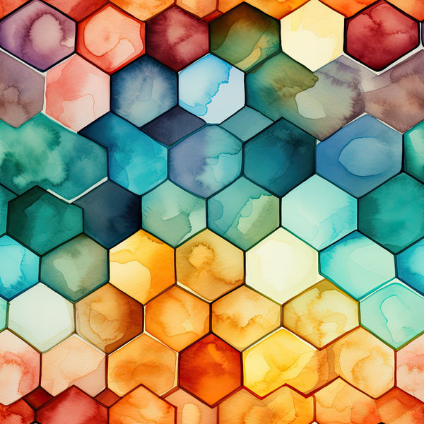 watercolor, honeycomb pattern, hexagonal shapes, geometric design, turquoise, teal, coral, orange, yellow, purple, blue-green, warm colors, cool colors, abstract watercolor,, fabric panel, modern pattern, contemporary design, gradient effect, artistic style