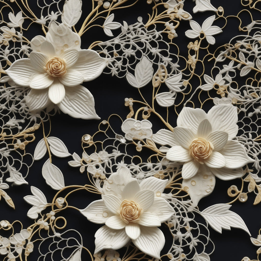 cream, ivory, beige, black background, floral pattern, lace design, tatting motif, roses, botanical elements, vintage style, delicate flowers, ornate details,, fabric panel, elegant design, decorative swirls, feminine aesthetic, intricate lacework, romantic mood, soft tones
