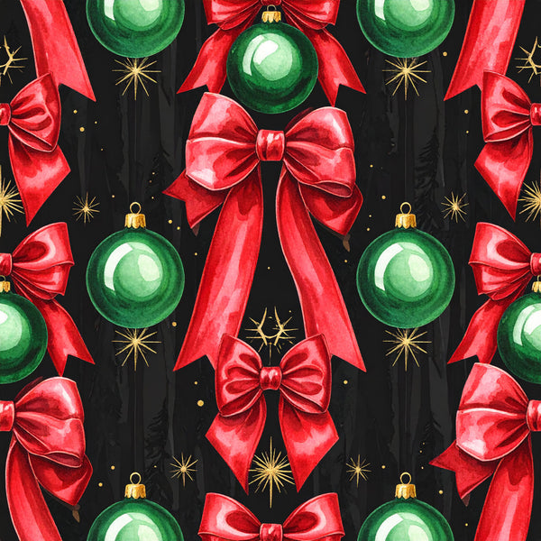 red bows, green ornaments, christmas, holiday, festive, gold stars, sparkly, elegant, traditional, winter, metallic accents, red and green, dark background, shiny baubles, glossy finish, decorative bows, ribbon bows, ornament balls, christmas decorations, formal, classic, seasonal, celebration, dimensional, watercolor style, rich colors, jewel tones, holiday decor, gift wrapping inspired