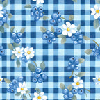 blue, white, gingham, checkered pattern, blueberries, daisies, flowers, leaves, cottage core, vintage style,, fabric panel, botanical motifs, berry clusters, floral design, pastel blue, yellow centers, green foliage, repeating pattern, summer theme