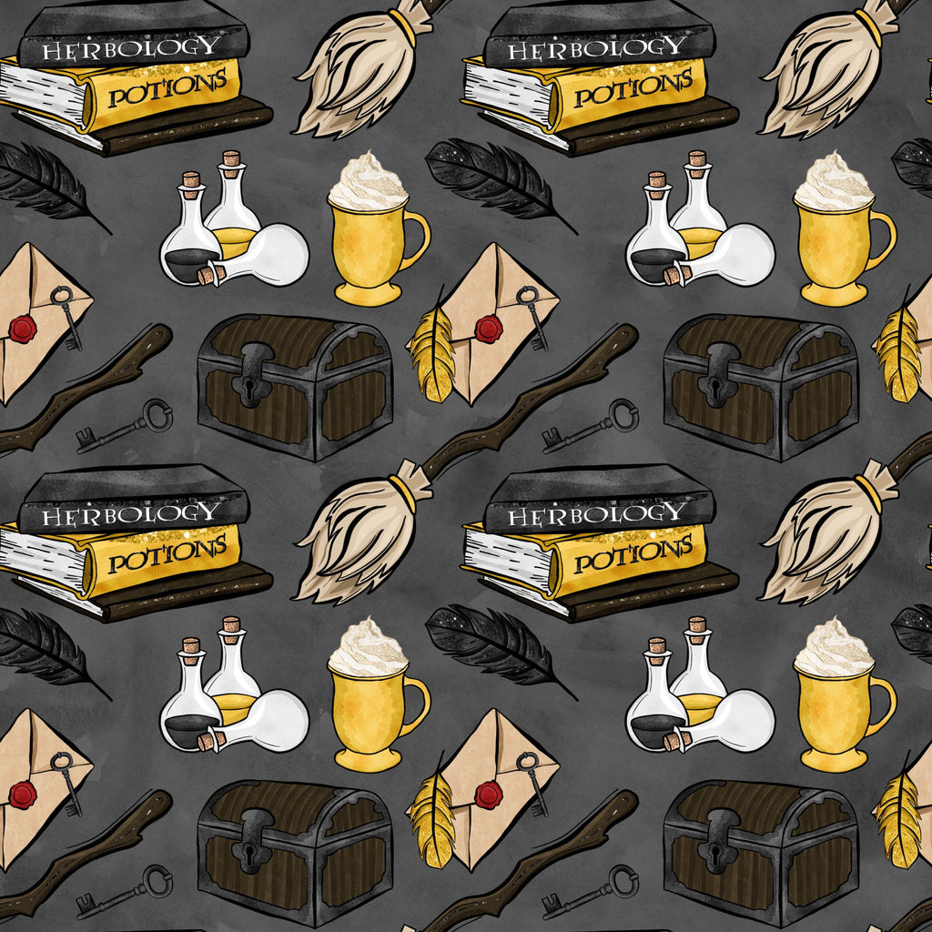 wizard, magic school, herbology, potions, books, broomsticks, feathers, treasure chest, letters, keys, bottles, flasks, mug,, fabric panel, gray background, yellow accents, brown tones, white elements, magical items, wizardry theme, repeating pattern, fantasy motifs