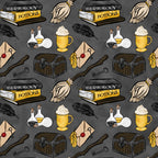 wizard, magic school, herbology, potions, books, broomsticks, feathers, treasure chest, letters, keys, bottles, flasks, mug,, fabric panel, gray background, yellow accents, brown tones, white elements, magical items, wizardry theme, repeating pattern, fantasy motifs
