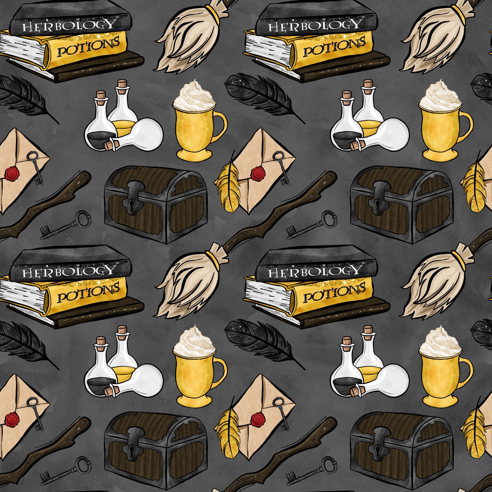 wizard, magic school, herbology, potions, books, broomsticks, feathers, treasure chest, letters, keys, bottles, flasks, mug,, fabric panel, gray background, yellow accents, brown tones, white elements, magical items, wizardry theme, repeating pattern, fantasy motifs