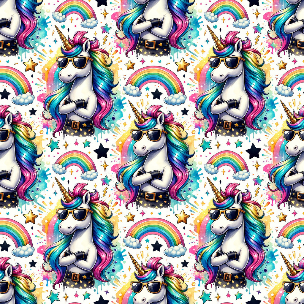 unicorns, rainbow colors, sunglasses, colorful mane, stars, clouds, pink, blue, purple, yellow, turquoise, repeating pattern, magical creatures, whimsical design, cotton fabric, quilting panel, fantasy theme, bright colors, playful style, children's fabric