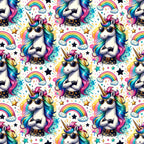 unicorns, rainbow colors, sunglasses, colorful mane, stars, clouds, pink, blue, purple, yellow, turquoise, repeating pattern, magical creatures, whimsical design, cotton fabric, quilting panel, fantasy theme, bright colors, playful style, children's fabric