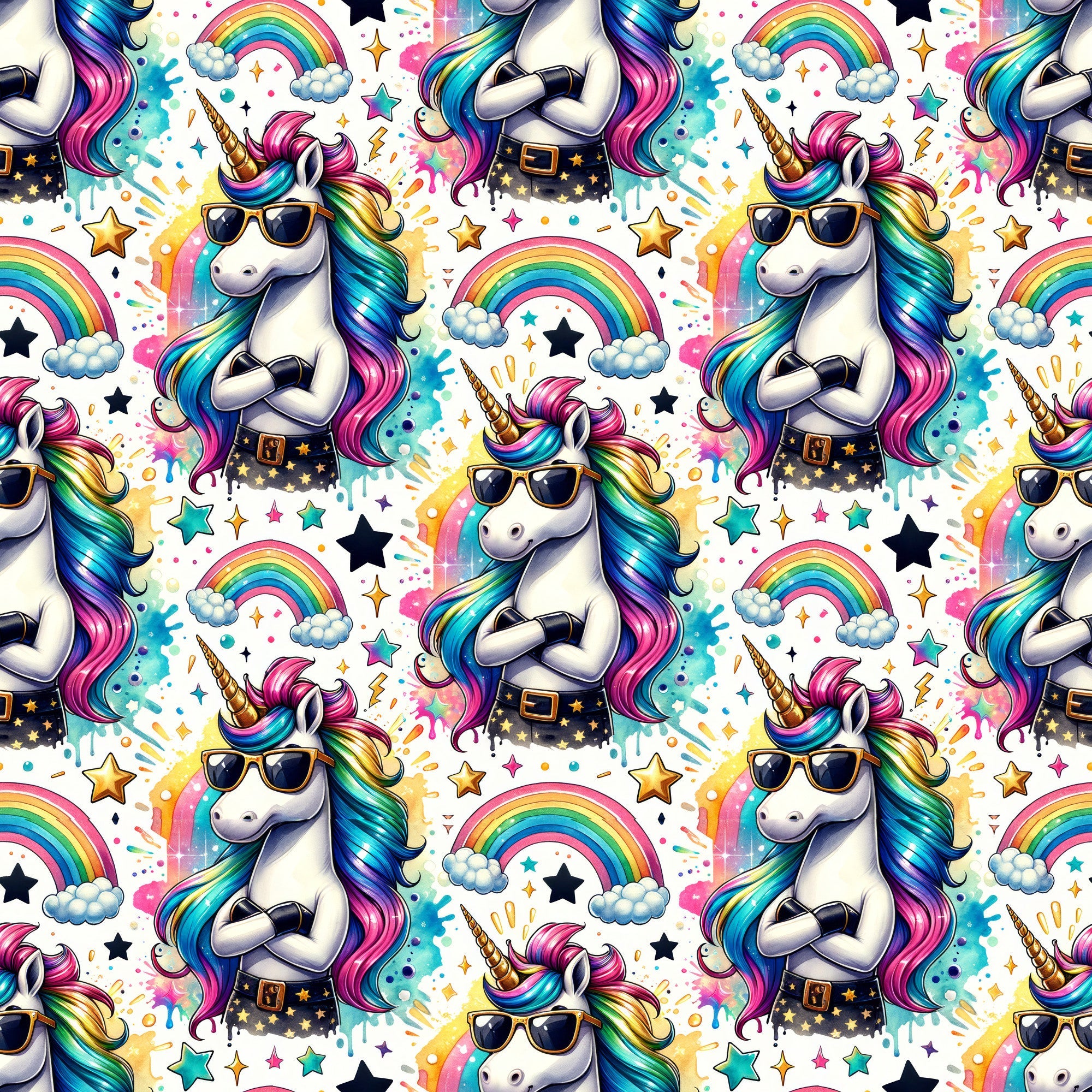 unicorns, rainbow colors, sunglasses, colorful mane, stars, clouds, pink, blue, purple, yellow, turquoise, repeating pattern, magical creatures, whimsical design, cotton fabric, quilting panel, fantasy theme, bright colors, playful style, children's fabric