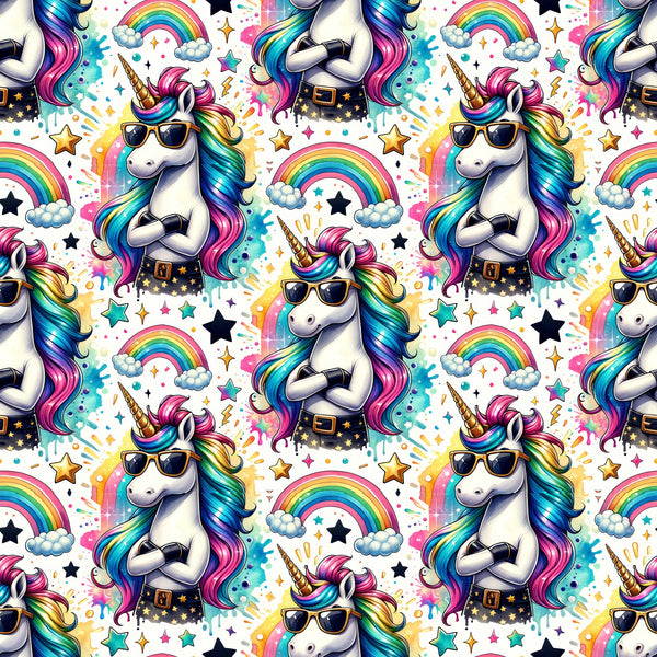 unicorns, rainbow colors, sunglasses, colorful mane, stars, clouds, pink, blue, purple, yellow, turquoise, repeating pattern, magical creatures, whimsical design, cotton fabric, quilting panel, fantasy theme, bright colors, playful style, children's fabric