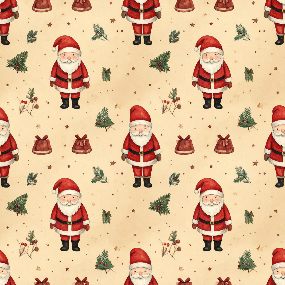 santa claus, christmas, holiday, red, cream, beige, tan, evergreen, pine branches, holly, berries, stars, festive, traditional, whimsical, vintage, nostalgic, jolly, gift bags, bows, winter, seasonal, children's, kids room, nursery, playroom, baby shower, classic christmas, retro christmas, cute santa
