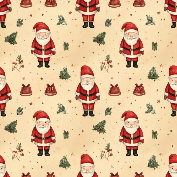 santa claus, christmas, holiday, red, cream, beige, tan, evergreen, pine branches, holly, berries, stars, festive, traditional, whimsical, vintage, nostalgic, jolly, gift bags, bows, winter, seasonal, children's, kids room, nursery, playroom, baby shower, classic christmas, retro christmas, cute santa