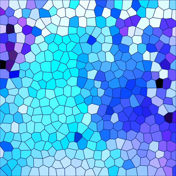 mosaic pattern, stained glass, geometric shapes, polygonal design, azure blue, turquoise, cobalt blue, purple, violet, cyan, light blue, royal blue, irregular polygons, tessellation, abstract design,, fabric panel, modern art style, vibrant colors, contemporary pattern