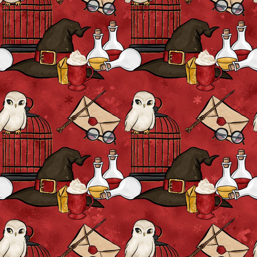 burgundy red, wizard hat, white owl, potion bottles, magic wand, envelope letter, round glasses, birdcage,, fabric panel, magical theme, whimsical pattern, repeating motif, wizard school, fantasy elements, cream white, golden yellow, dark green, spellbook, wizarding world