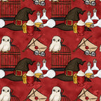 burgundy red, wizard hat, white owl, potion bottles, magic wand, envelope letter, round glasses, birdcage,, fabric panel, magical theme, whimsical pattern, repeating motif, wizard school, fantasy elements, cream white, golden yellow, dark green, spellbook, wizarding world