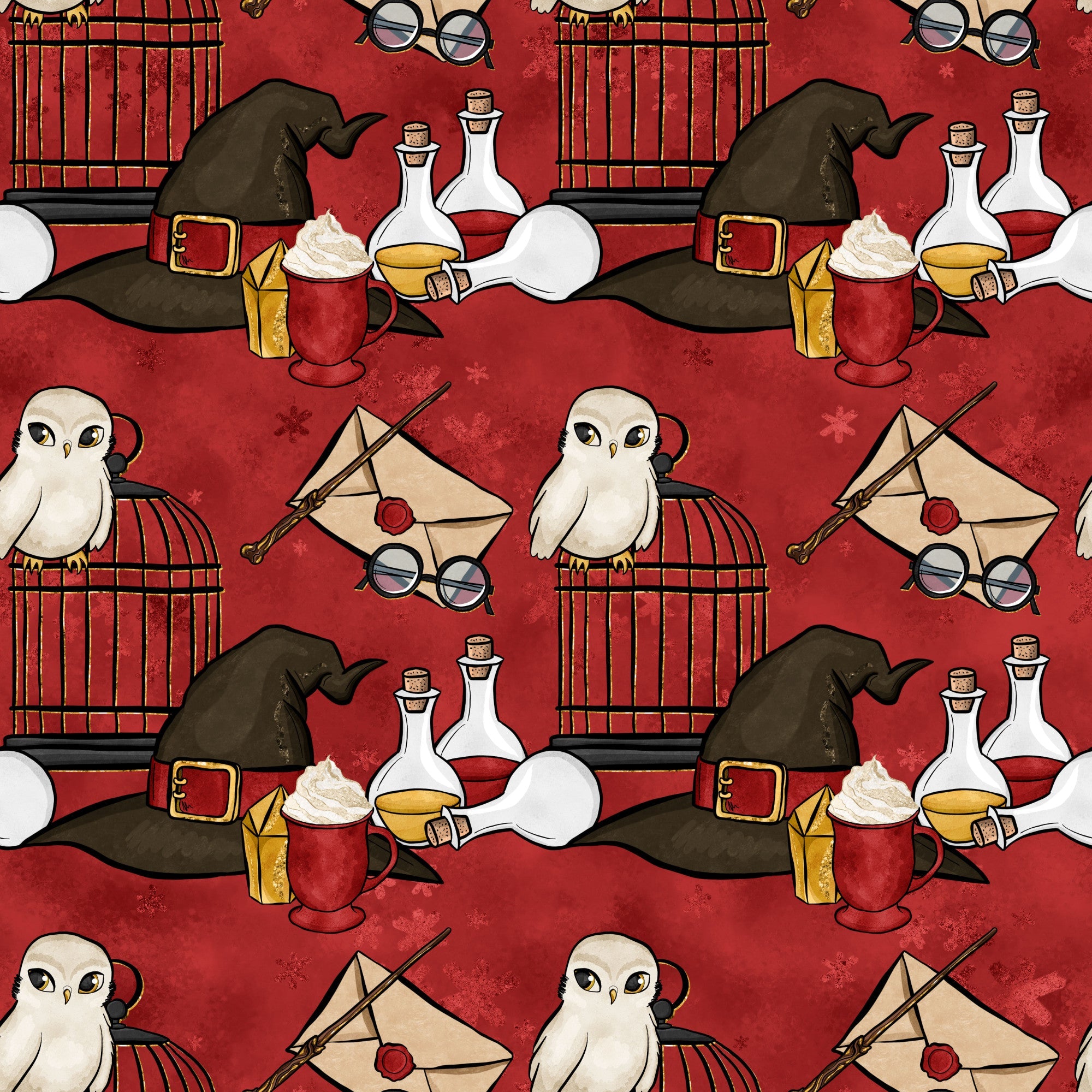 burgundy red, wizard hat, white owl, potion bottles, magic wand, envelope letter, round glasses, birdcage,, fabric panel, magical theme, whimsical pattern, repeating motif, wizard school, fantasy elements, cream white, golden yellow, dark green, spellbook, wizarding world