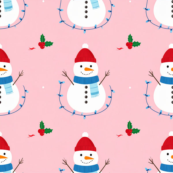 pink, red, blue, white, orange, winter, christmas, holiday, snowman, festive, whimsical, playful, kids, children, nursery, playroom, cute, cheerful, holly berries, garland lights, scarf, top hat, carrot nose, stick arms, snow, seasonal, traditional, retro, vintage style, family friendly