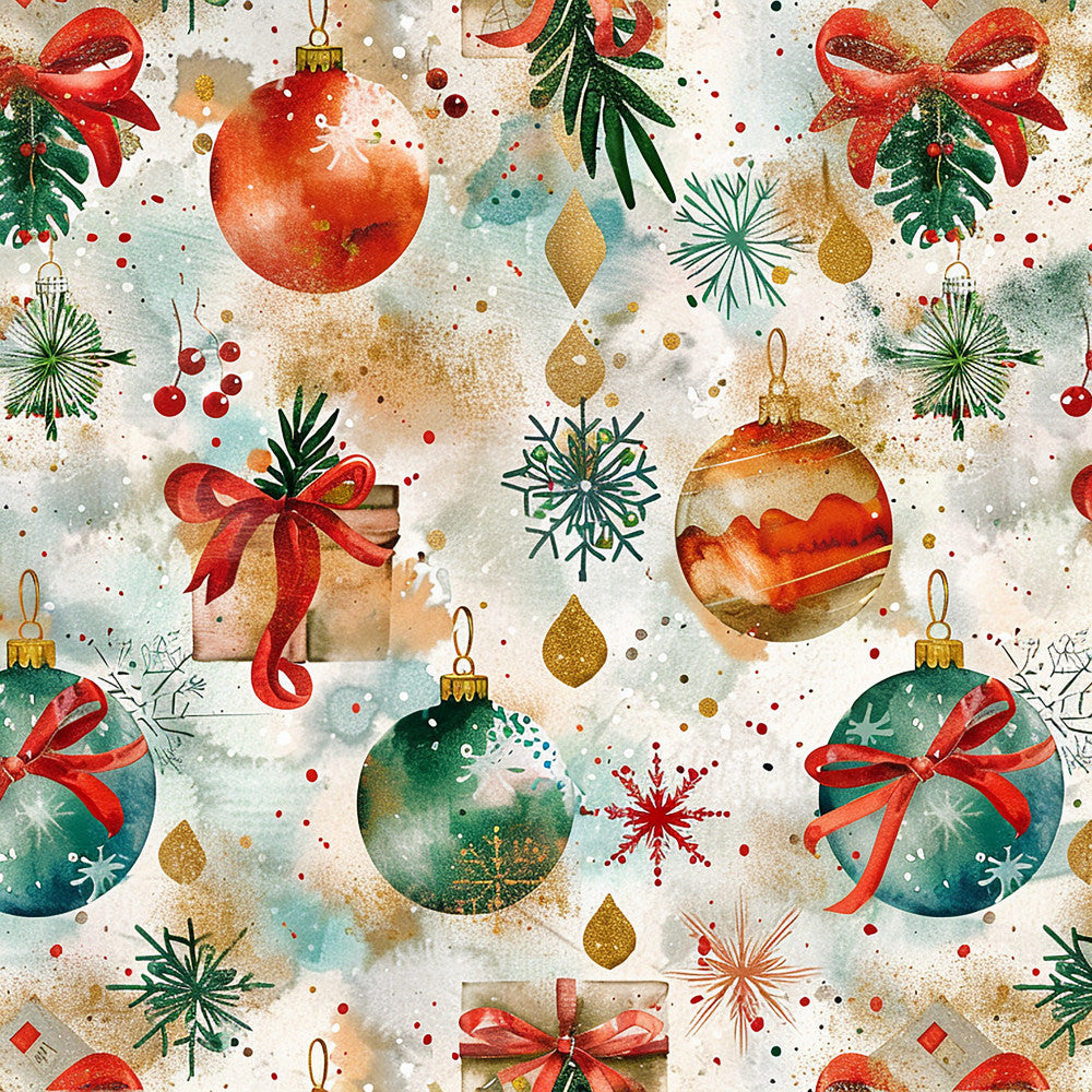 christmas, holiday, red, green, gold, cream, watercolor, ornaments, bows, snowflakes, festive, elegant, vintage, whimsical, winter, decorative, gift wrapped, baubles, evergreen, beads, berries, sparkly, traditional, classic holiday, seasonal, festive decor, nursery, kids room, children's, rustic