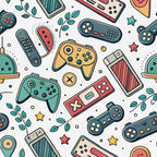 gaming controllers, video game, retro gaming, modern pattern, teal, coral, yellow, mint green, handheld devices, console controllers, seamless repeat,, fabric panel, geometric elements, tech accessories, playful design, scattered layout, contemporary style, gaming theme, nostalgic vibes