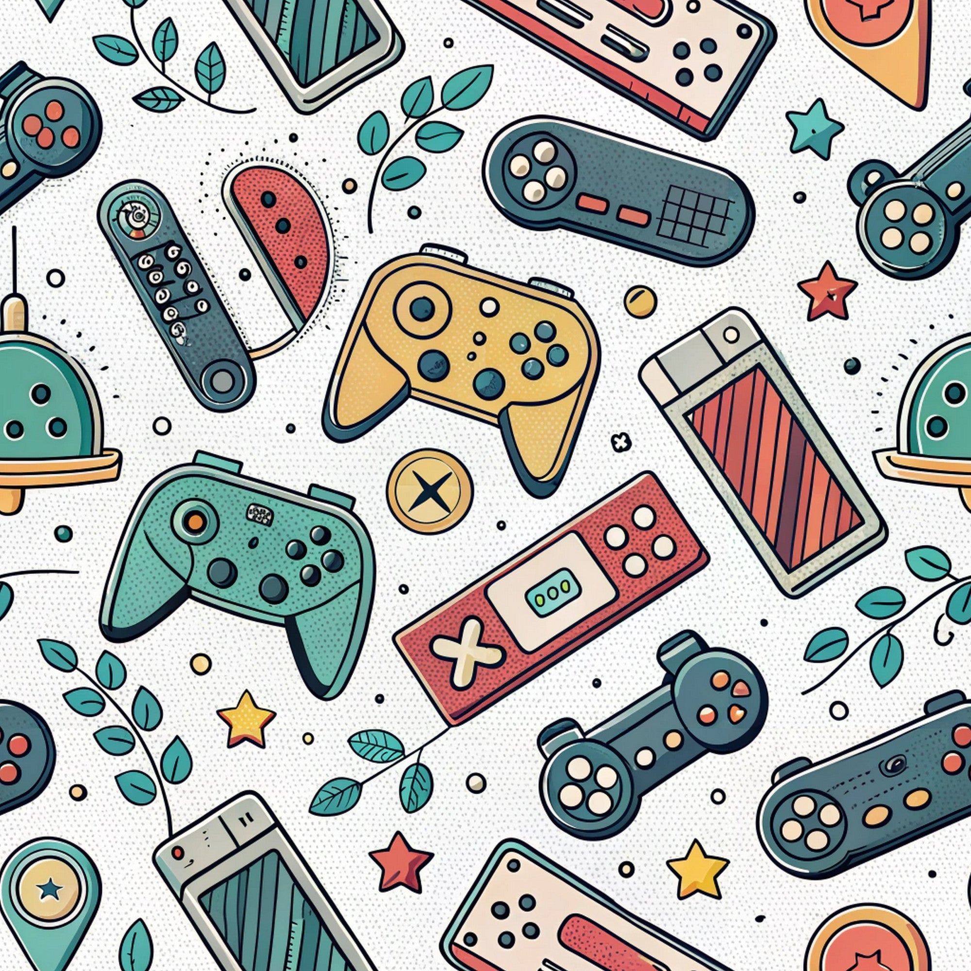 gaming controllers, video game, retro gaming, modern pattern, teal, coral, yellow, mint green, handheld devices, console controllers, seamless repeat,, fabric panel, geometric elements, tech accessories, playful design, scattered layout, contemporary style, gaming theme, nostalgic vibes