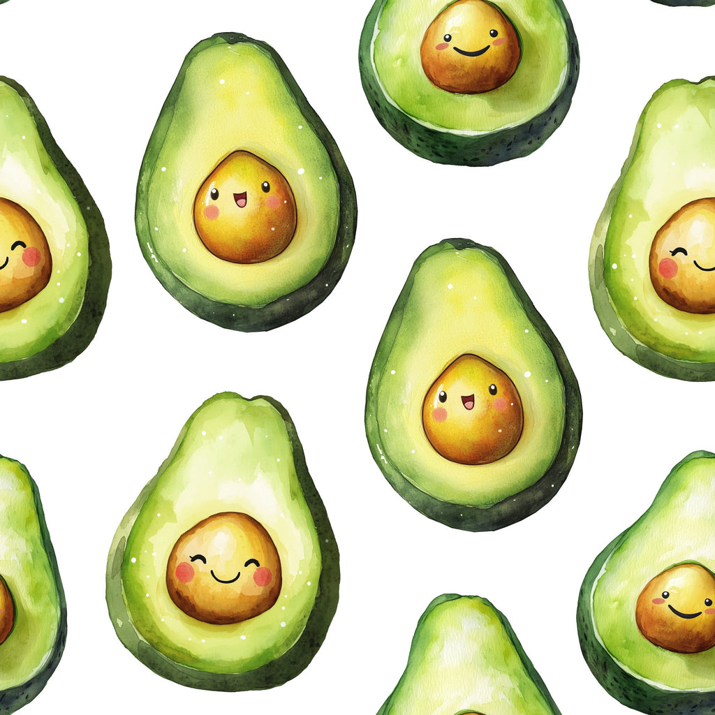 green, yellow, white, avocado pattern, cute faces, kawaii style, allover design,, fabric panel, smiling characters, food motif, cheerful mood, scattered placement, cartoon style, bright colors, whimsical design, seamless pattern, crafting fabric, sewing material