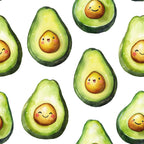 green, yellow, white, avocado pattern, cute faces, kawaii style, allover design,, fabric panel, smiling characters, food motif, cheerful mood, scattered placement, cartoon style, bright colors, whimsical design, seamless pattern, crafting fabric, sewing material