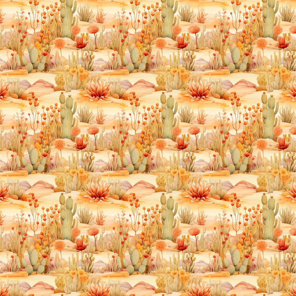 desert landscape, cacti, succulents, warm orange, peachy pink, golden yellow, sage green, southwestern pattern, repeating design, wildflowers, blooming plants, prickly pear, saguaro cactus,, fabric panel, nature scene, arid plants, desert flora, sunset colors, botanical illustration