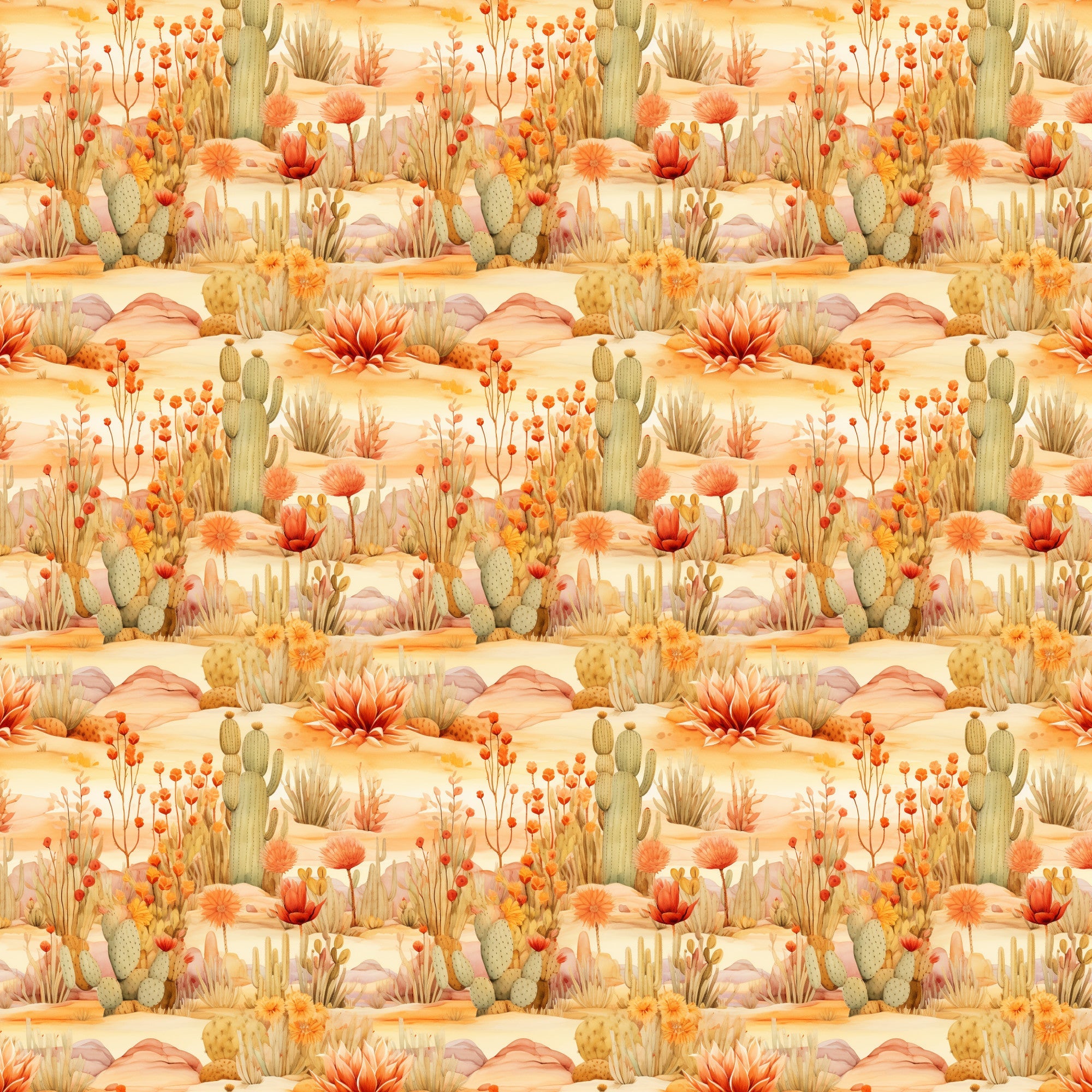 desert landscape, cacti, succulents, warm orange, peachy pink, golden yellow, sage green, southwestern pattern, repeating design, wildflowers, blooming plants, prickly pear, saguaro cactus,, fabric panel, nature scene, arid plants, desert flora, sunset colors, botanical illustration