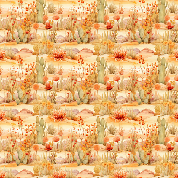 desert landscape, cacti, succulents, warm orange, peachy pink, golden yellow, sage green, southwestern pattern, repeating design, wildflowers, blooming plants, prickly pear, saguaro cactus,, fabric panel, nature scene, arid plants, desert flora, sunset colors, botanical illustration
