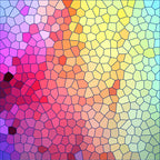 mosaic pattern, stained glass, geometric shapes, rainbow gradient, purple, magenta, pink, coral, orange, yellow, green, turquoise, blue, polygonal cells, honeycomb texture, colorful tessellation,, fabric panel, vibrant colors, prismatic effect