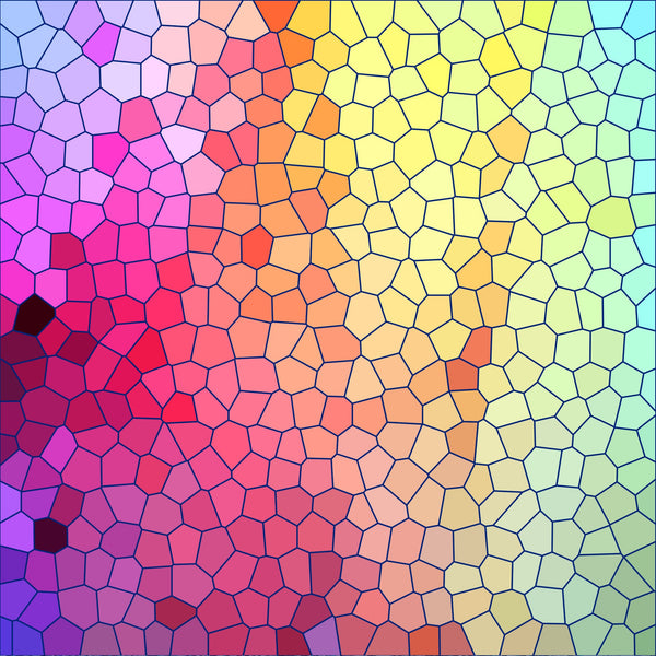 mosaic pattern, stained glass, geometric shapes, rainbow gradient, purple, magenta, pink, coral, orange, yellow, green, turquoise, blue, polygonal cells, honeycomb texture, colorful tessellation,, fabric panel, vibrant colors, prismatic effect