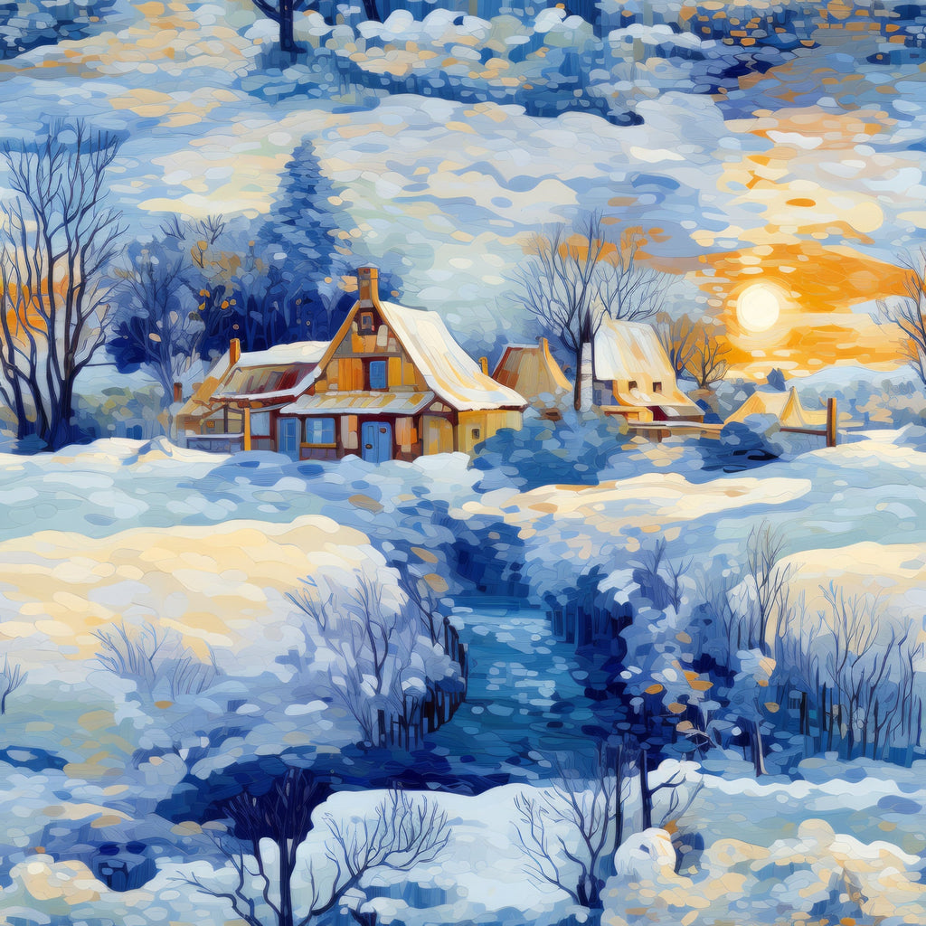 winter scene, dawn sky, snow covered landscape, cozy cottages, flowing stream, bare trees, orange sunset, blue tones, white snow, warm lighting, peaceful village,, fabric panel, serene atmosphere, rural houses, winter wonderland, soft pastels, nature scene, cold season, tranquil mood