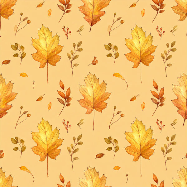 autumn leaves, fall foliage, maple leaves, golden yellow, burnt orange, cream, tan, beige, warm tones, nature, botanical, seasonal, autumn, fall, leaf pattern, leaves, branches, berries, whimsical, rustic, cozy, harvest theme, thanksgiving, september, october, november, natural elements, woodland, earthy tones