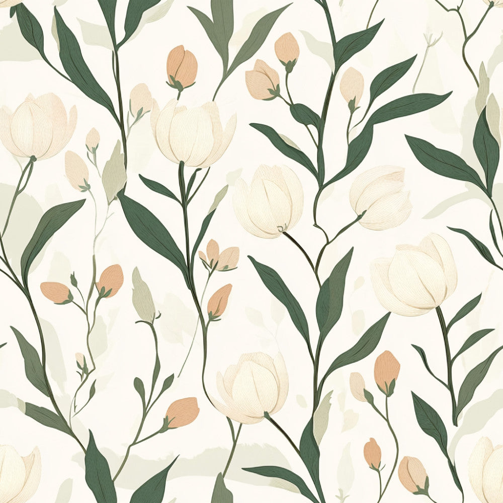 cream floral, sage green, soft botanical, delicate flowers, tulip design, bud motifs, nature inspired, spring flowers, elegant botanical, modern floral, light neutral, pastel peach, muted tones, garden theme, botanical leaves, minimalist floral, sophisticated florals, natural elements, spring garden, soft feminine, contemporary botanical, subtle pattern, cream and green, nature lovers, tranquil design, nursey décor, calming botanical