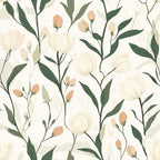cream floral, sage green, soft botanical, delicate flowers, tulip design, bud motifs, nature inspired, spring flowers, elegant botanical, modern floral, light neutral, pastel peach, muted tones, garden theme, botanical leaves, minimalist floral, sophisticated florals, natural elements, spring garden, soft feminine, contemporary botanical, subtle pattern, cream and green, nature lovers, tranquil design, nursey décor, calming botanical