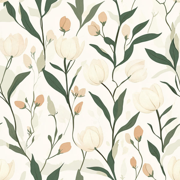 cream floral, sage green, soft botanical, delicate flowers, tulip design, bud motifs, nature inspired, spring flowers, elegant botanical, modern floral, light neutral, pastel peach, muted tones, garden theme, botanical leaves, minimalist floral, sophisticated florals, natural elements, spring garden, soft feminine, contemporary botanical, subtle pattern, cream and green, nature lovers, tranquil design, nursey décor, calming botanical