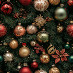 christmas ornaments, red baubles, gold decorations, green pine needles, copper ornaments, silver baubles, glittery snowflakes, pine cones, poinsettia flowers, realistic style, festive pattern, holiday theme,, fabric panel, metallic accents, burgundy red, forest green, bronze tones, christmas decorations, seasonal fabric