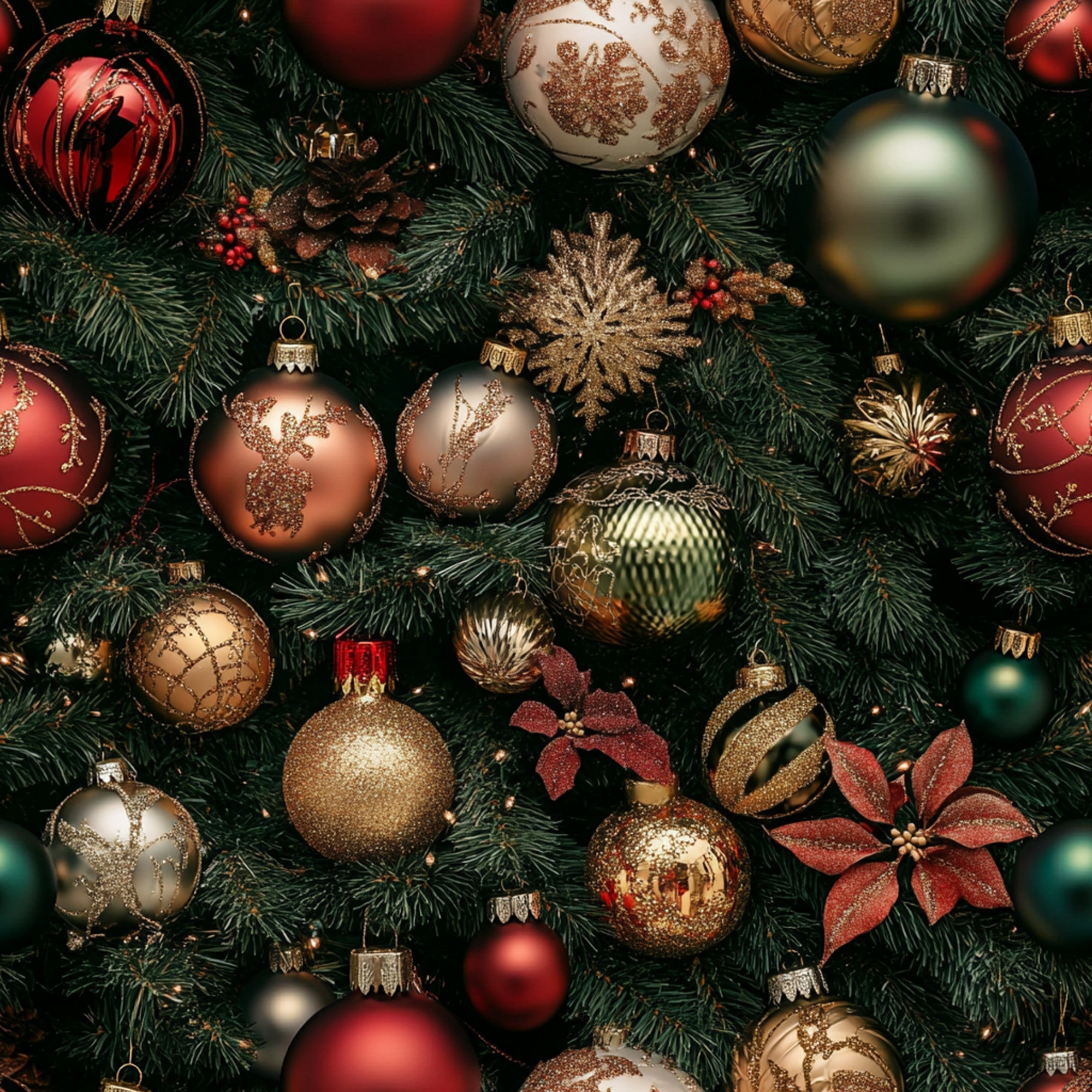 christmas ornaments, red baubles, gold decorations, green pine needles, copper ornaments, silver baubles, glittery snowflakes, pine cones, poinsettia flowers, realistic style, festive pattern, holiday theme,, fabric panel, metallic accents, burgundy red, forest green, bronze tones, christmas decorations, seasonal fabric
