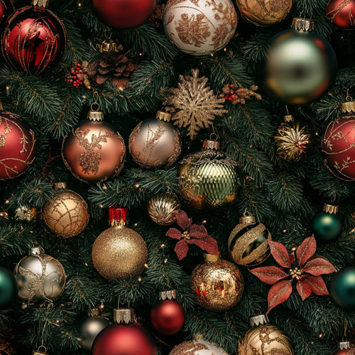 christmas ornaments, red baubles, gold decorations, green pine needles, copper ornaments, silver baubles, glittery snowflakes, pine cones, poinsettia flowers, realistic style, festive pattern, holiday theme,, fabric panel, metallic accents, burgundy red, forest green, bronze tones, christmas decorations, seasonal fabric