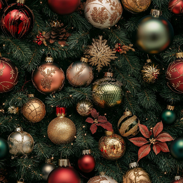 christmas ornaments, red baubles, gold decorations, green pine needles, copper ornaments, silver baubles, glittery snowflakes, pine cones, poinsettia flowers, realistic style, festive pattern, holiday theme,, fabric panel, metallic accents, burgundy red, forest green, bronze tones, christmas decorations, seasonal fabric