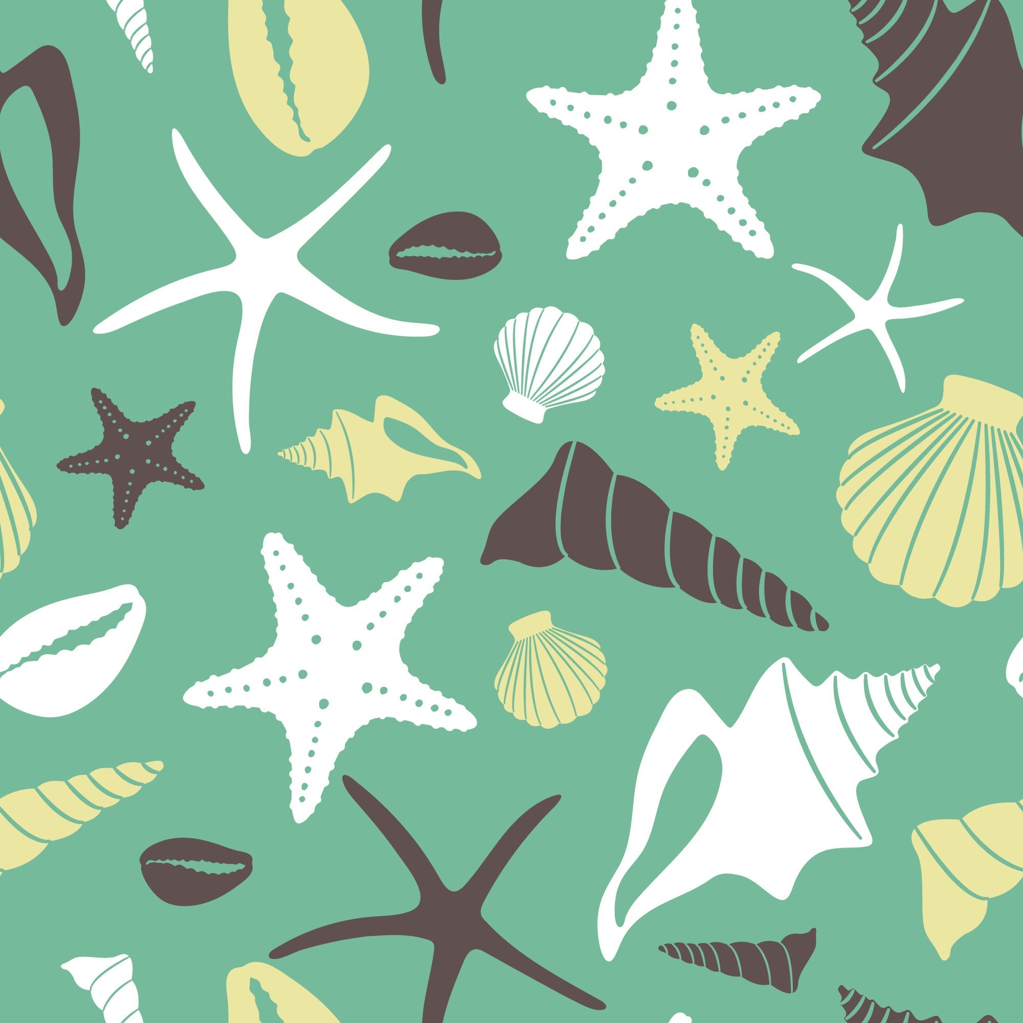 sage green, seafoam, cream, yellow, brown, sea shells, starfish, conch shells, scallop shells, marine life, ocean theme, boho style, beach motif, coastal design, nautical elements,, fabric panel, scattered pattern, organic shapes, summer vibes