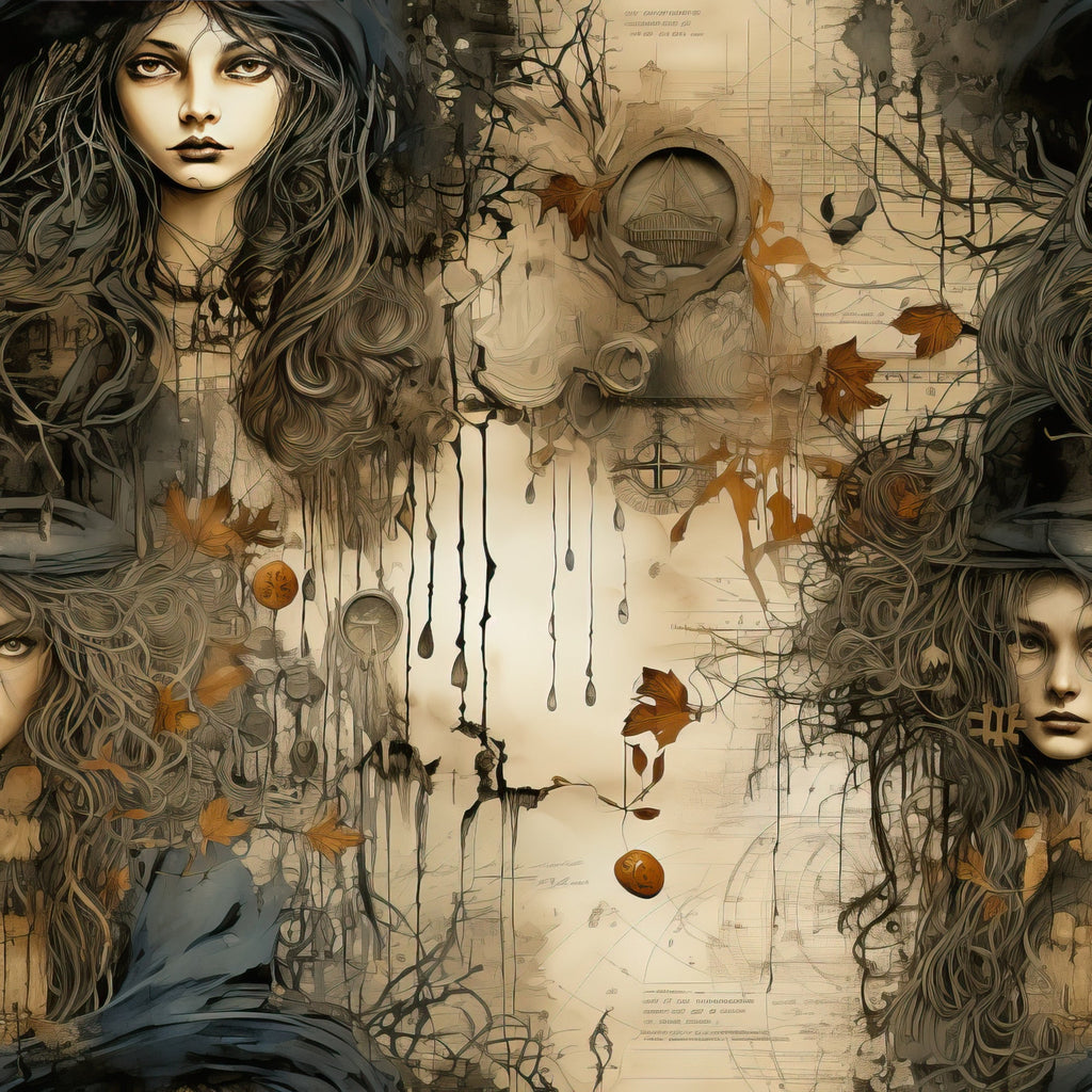 witchy, halloween, autumn leaves, mystical woman, long flowing hair, botanical elements, vintage style, sepia tones, brown, beige, orange accents, gothic art, fantasy illustration,, fabric panel, occult symbols, ethereal mood, seasonal design, fall colors, mystical portraits